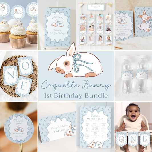 Editable Bunny Birthday Invitation Printable – Blue Coquette Theme
