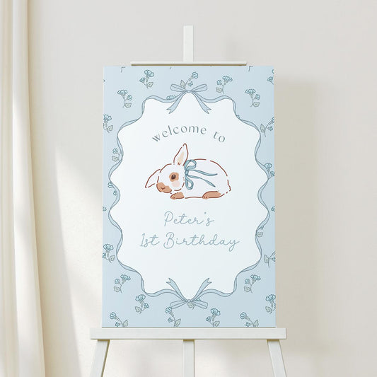 Boys bunny first birthday party printable sign


