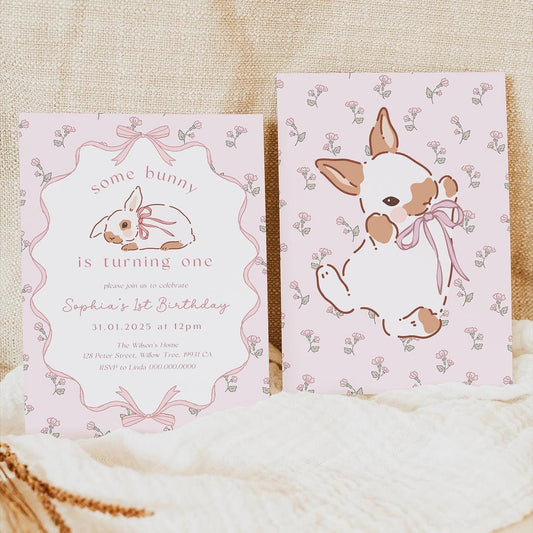 Some Bunny Is One pink floral first birthday invitation template