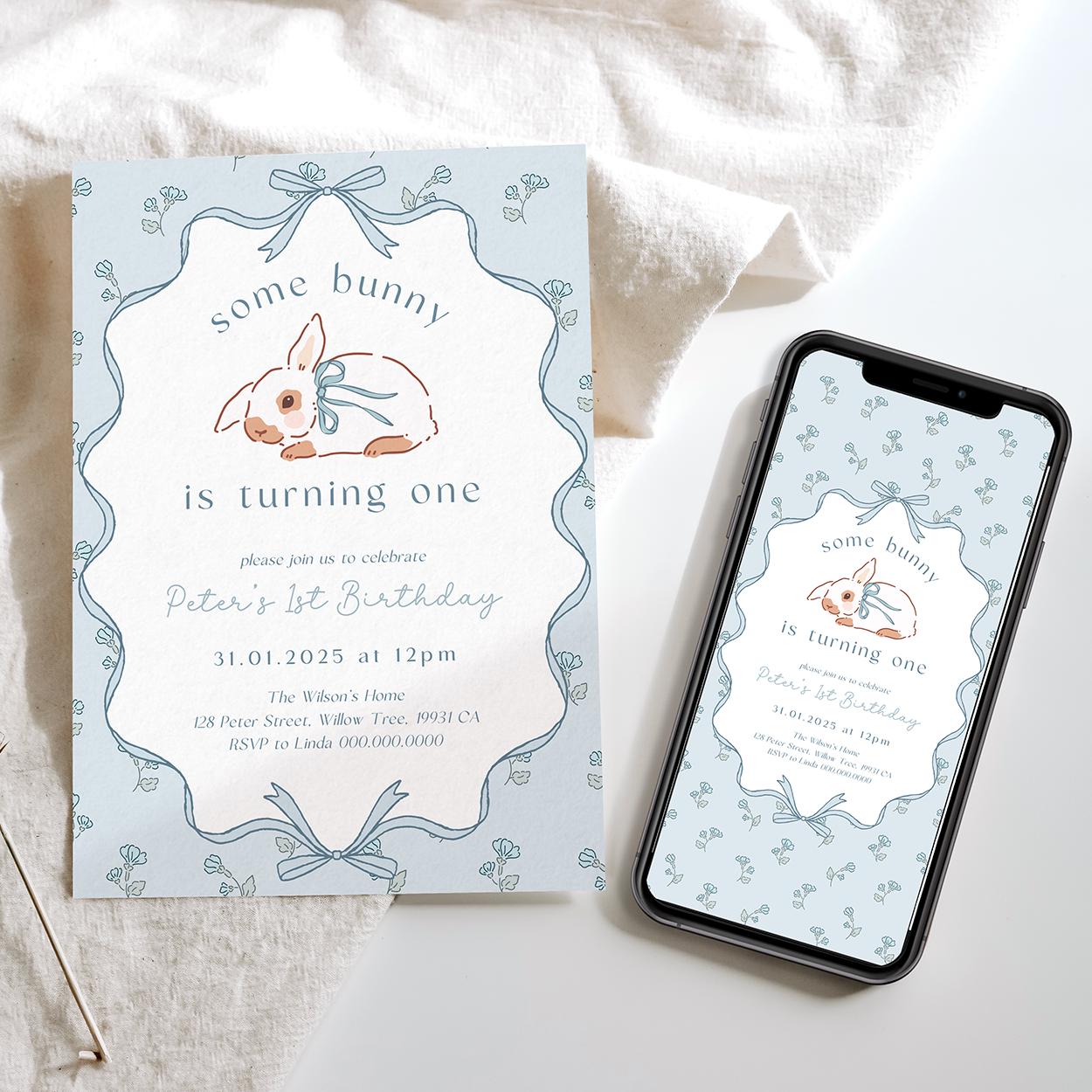 Editable rabbit with blue bow party template
