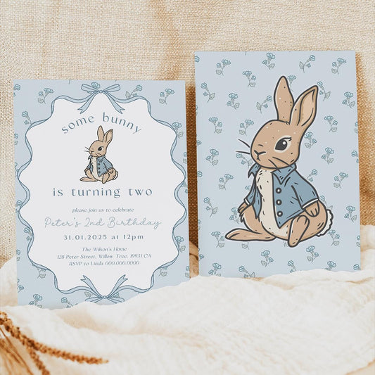 Rustic Peter Rabbit 2nd birthday invitation with blue bow