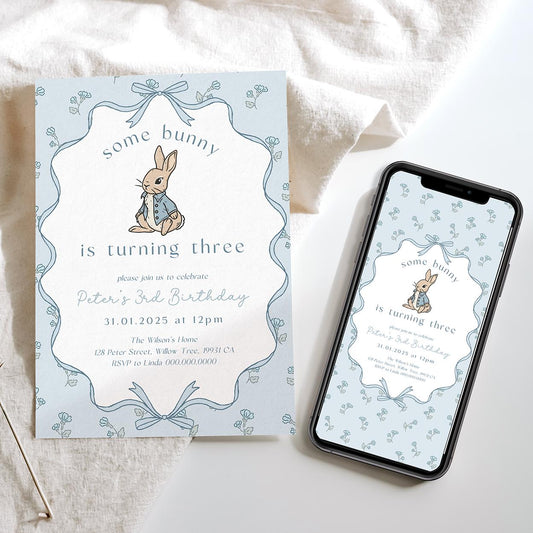 Editable some bunny is three digital invite for boys