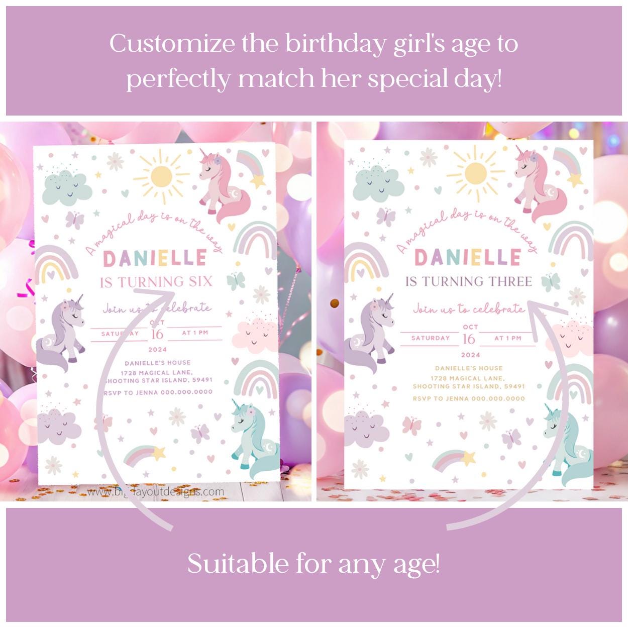 Editable five magical vibe unicorn themed invite