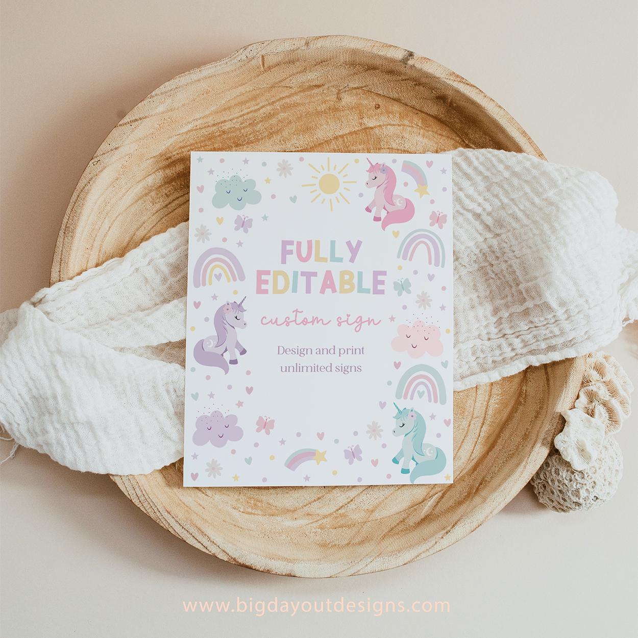 Editable unicorn party decorations