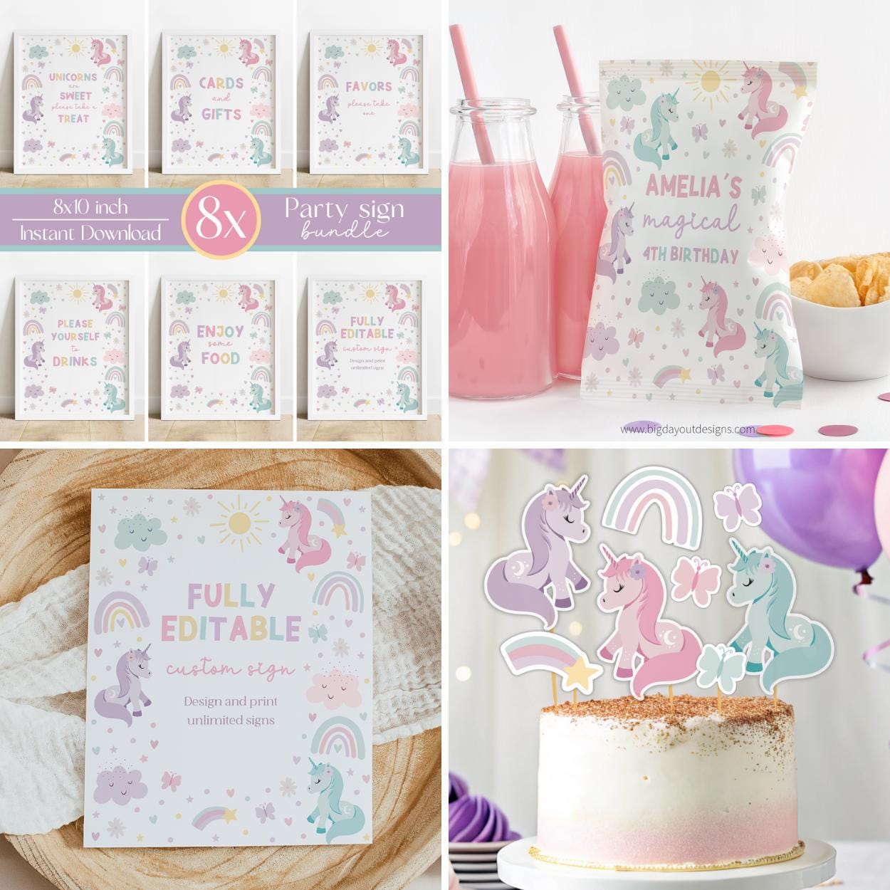 Instant download unicorn rainbow party supplies