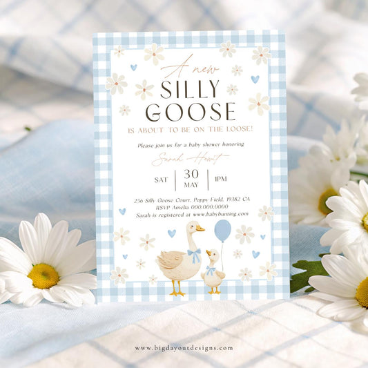 Printable silly goose baby shower invitation blue gingham