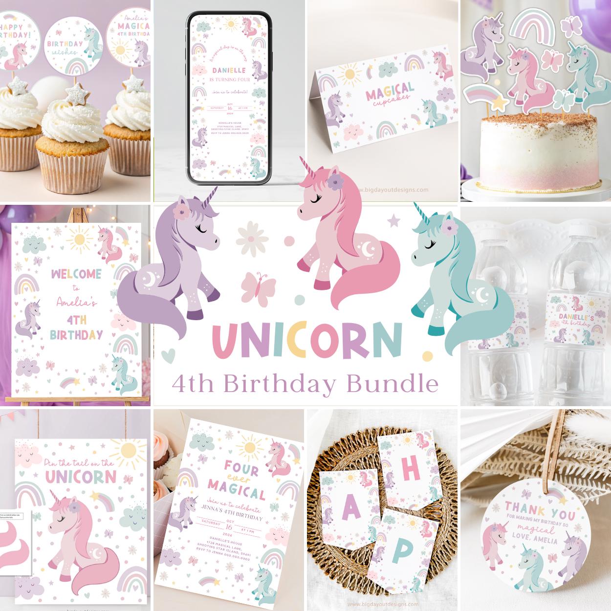 Unicorn 4th birthday pastel party bundle printable