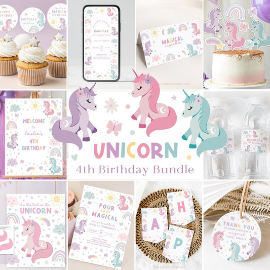 Unicorn 4th birthday pastel party bundle printable