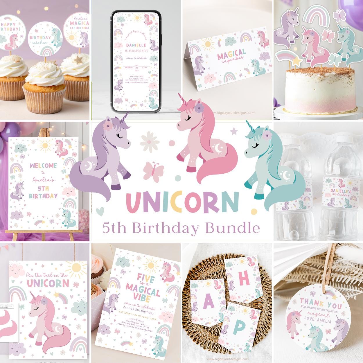 Unicorn rainbow 5th birthday pastel invitation