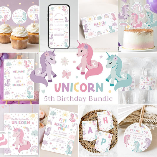 Unicorn rainbow 5th birthday pastel invitation