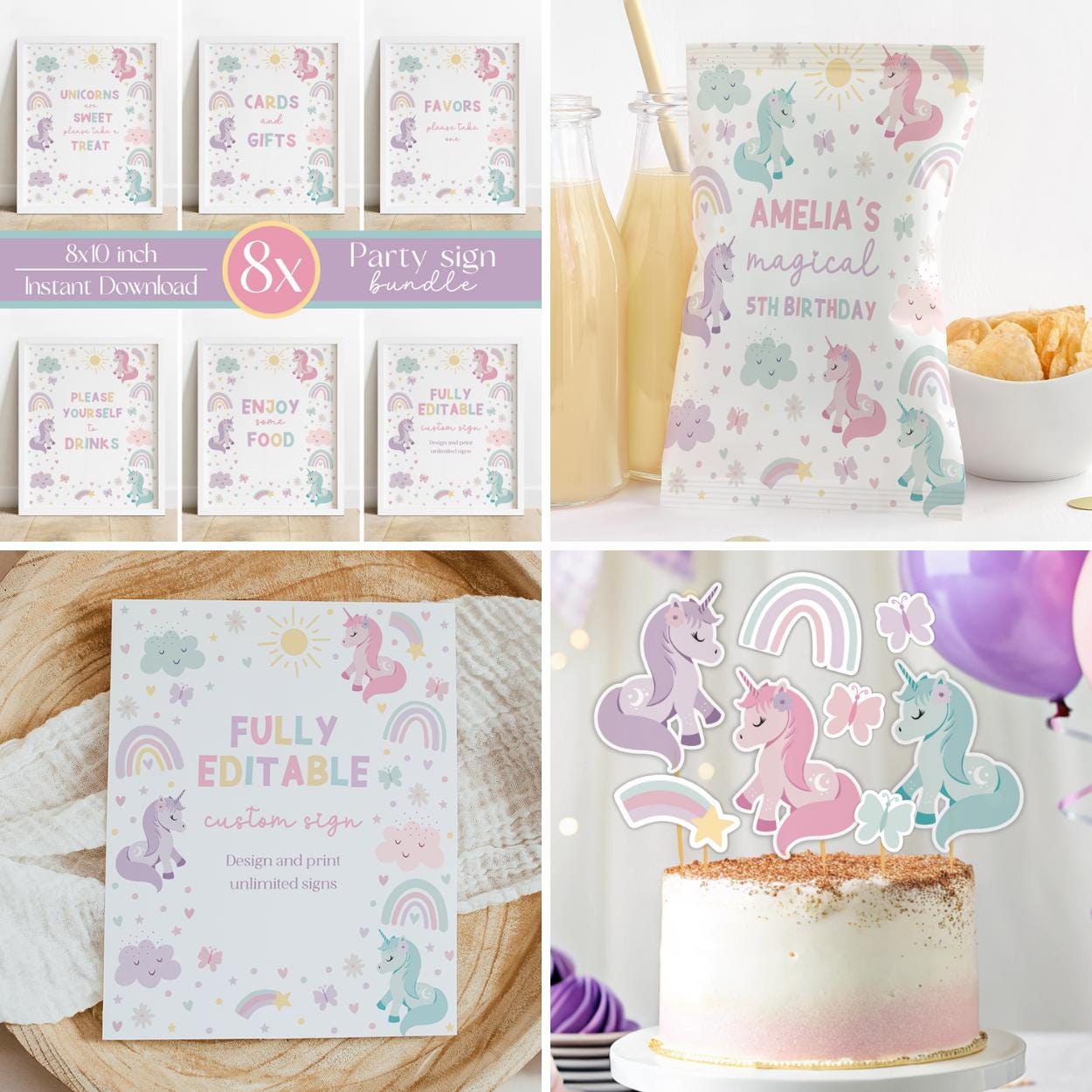 Cute rainbow unicorn party supplies set