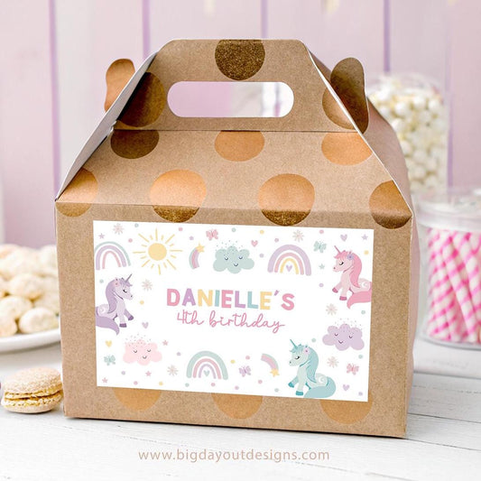 Editable rainbow unicorn gable box labels for 4th birthday