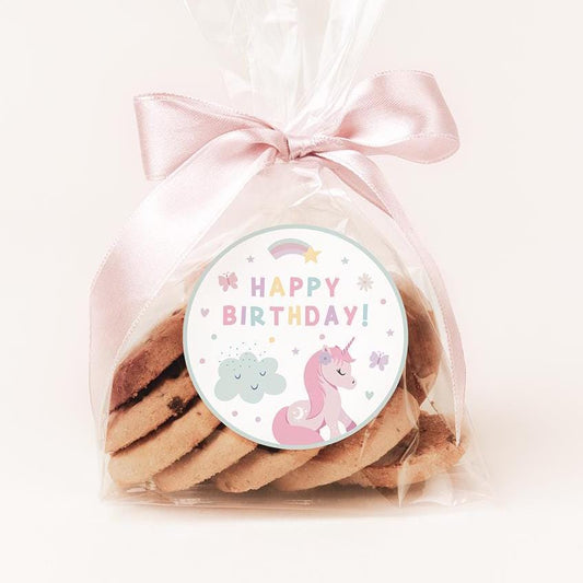 Printable unicorn happy birthday stickers with rainbow design