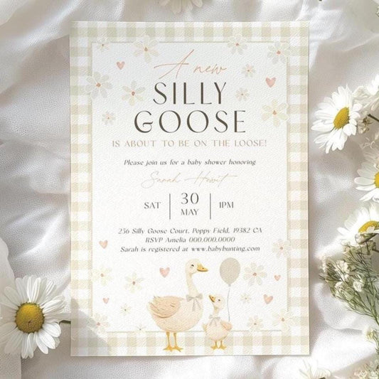 Gender neutral gingham goose baby shower invitation