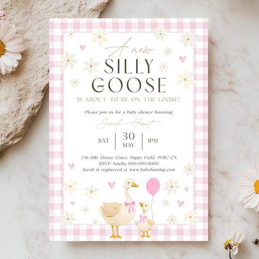 Pink gingham silly goose baby shower invitation