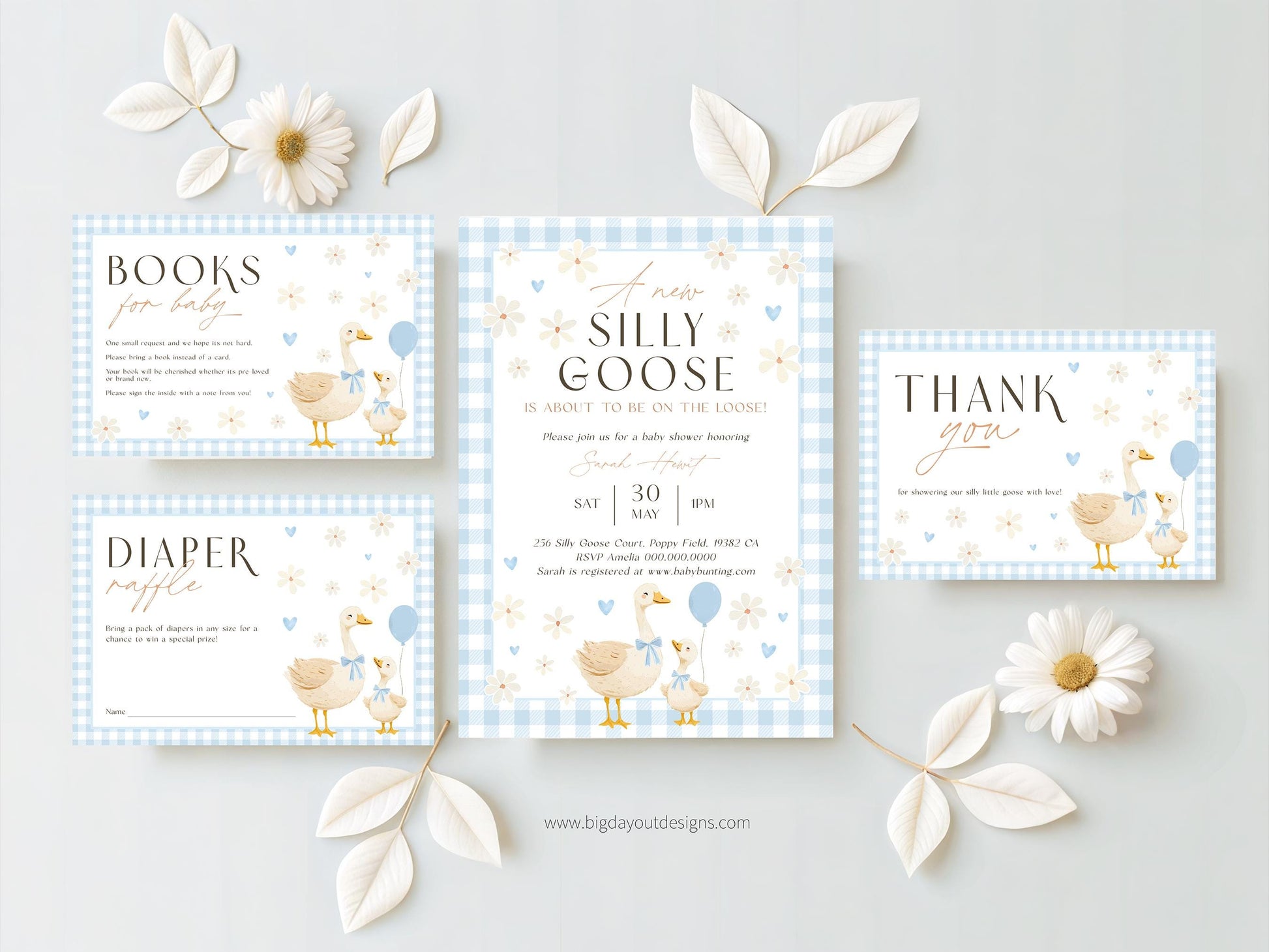 Blue gingham silly goose baby shower invitation