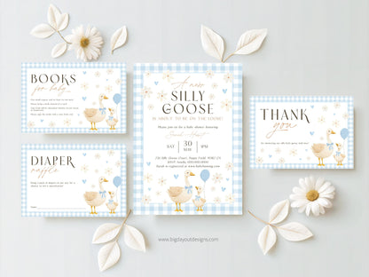 Blue gingham silly goose baby shower invitation