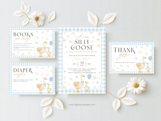 Blue gingham silly goose baby shower invitation