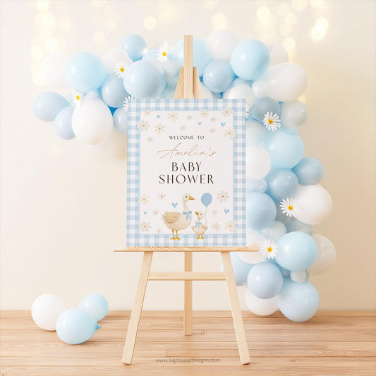 Silly Goose baby shower welcome sign in blue gingham for boy