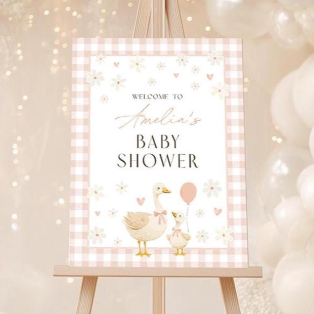 Silly goose pink gingham baby shower welcome sign