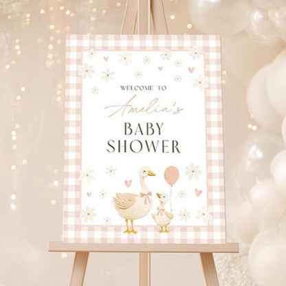 Silly goose pink gingham baby shower welcome sign