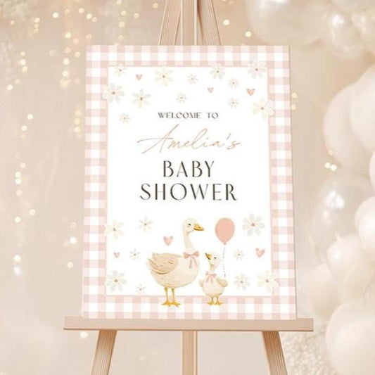 Silly goose pink gingham baby shower welcome sign
