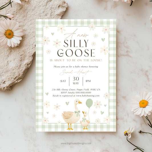 Goose baby shower invite green gingham template