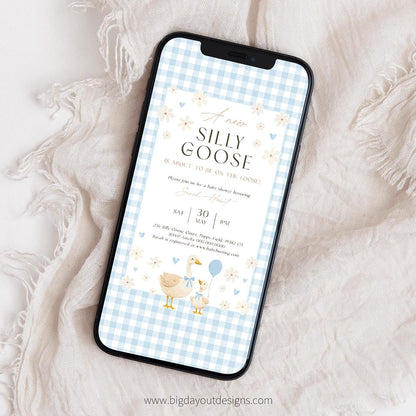 Goose baby shower evite blue gingham design