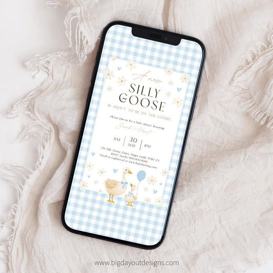Goose baby shower evite blue gingham design