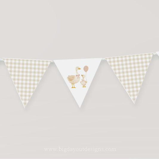Printable goose baby shower banner with gingham geese
