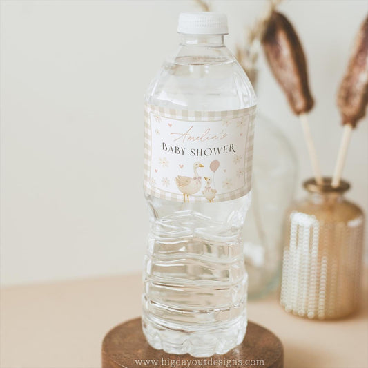 Baby shower bottle sticker with silly goose theme