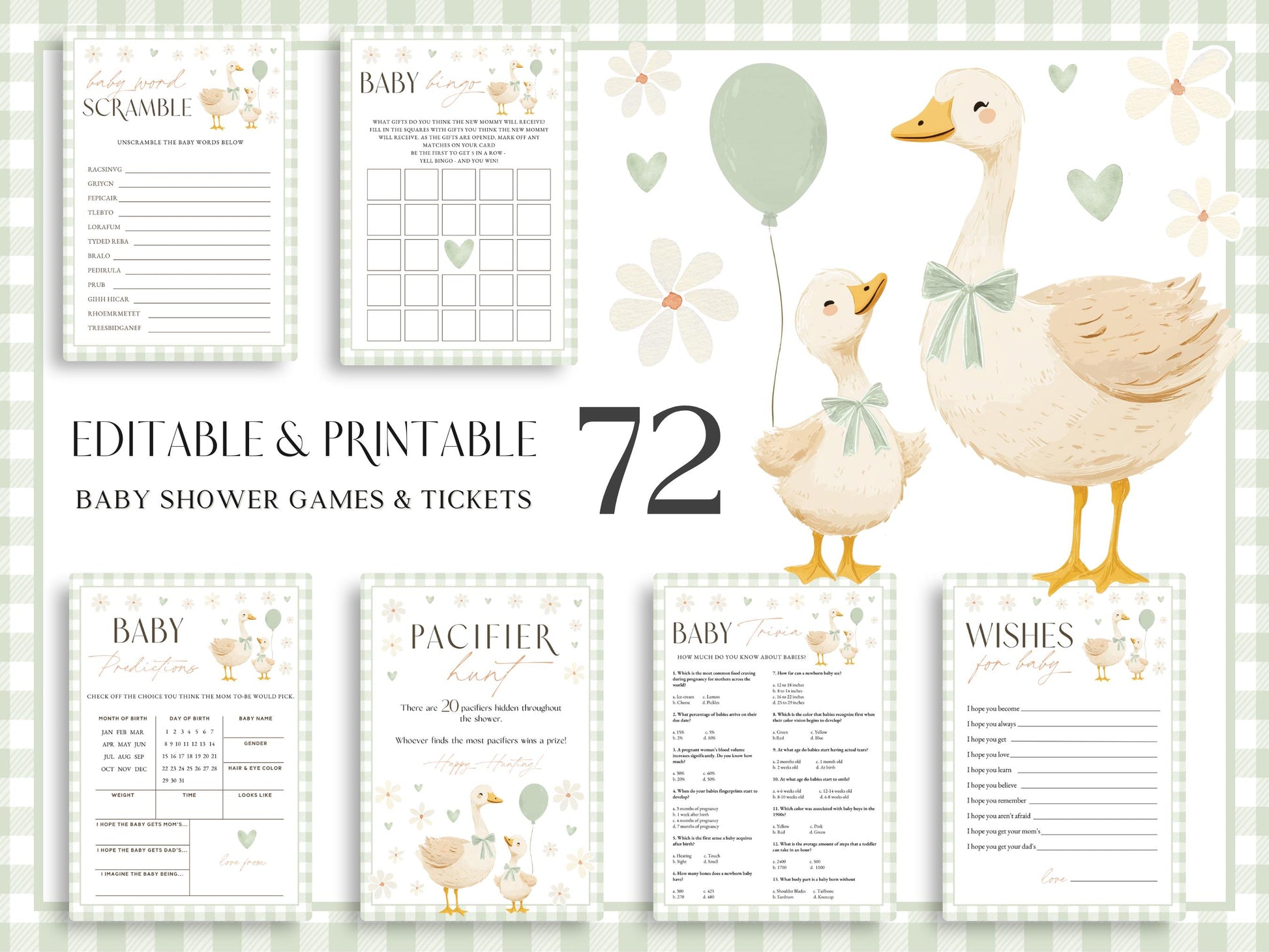 Sage green silly goose baby shower games bundle printable