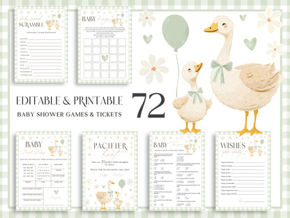 Sage green silly goose baby shower games bundle printable