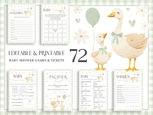 Sage green silly goose baby shower games bundle printable