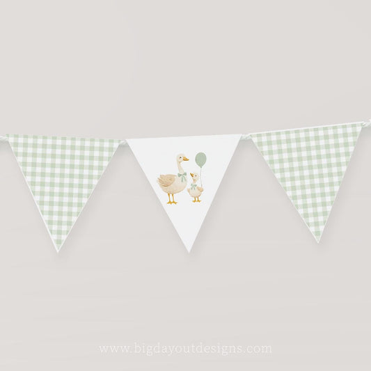 Goose baby shower banner sage green gingham
