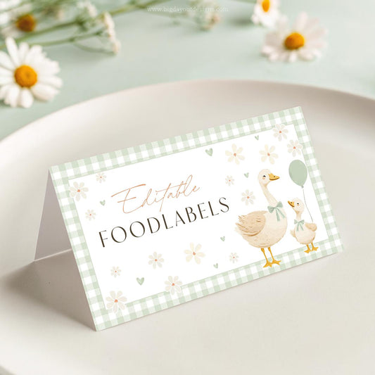 Printable silly goose food card sage green gingham design