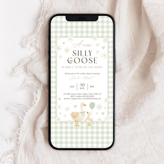 Printable goose baby shower evite sage green gingham