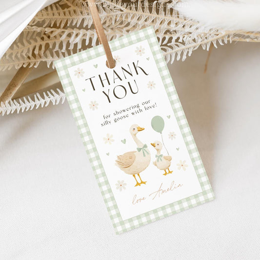 Printable silly goose thank you tag sage green gingham
