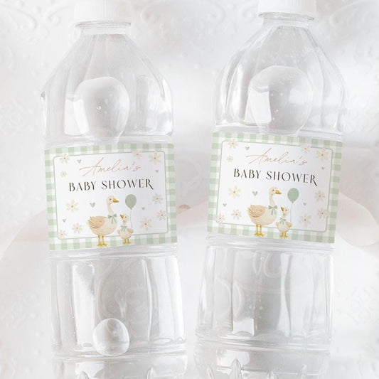 Printable silly goose water bottle wrap sage green gingham