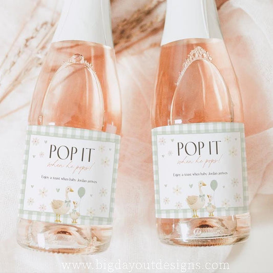 Printable silly goose champagne label sage green gingham