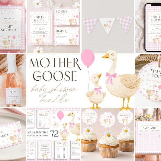 Pink gingham silly goose baby shower invitation bundle