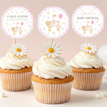 Printable silly goose cupcake toppers pink bow gingham