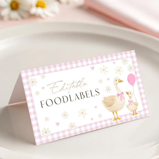 Editable mother goose baby shower food card pink gingham