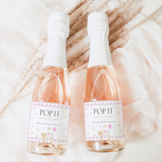 Printable silly goose mini champagne bottle label pink gingham