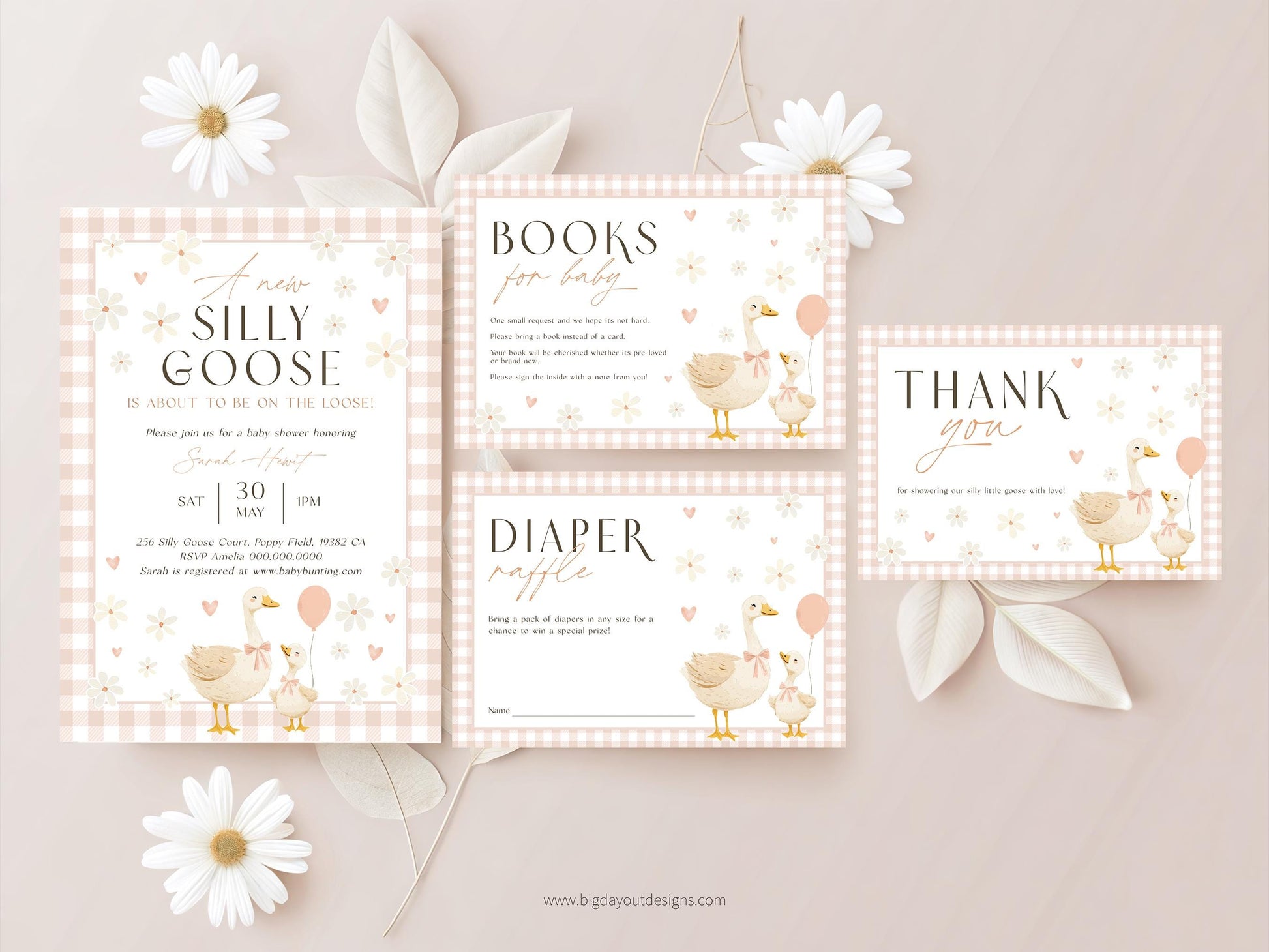Peach gingham silly goose baby shower invitation for girls