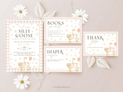 Peach gingham silly goose baby shower invitation for girls