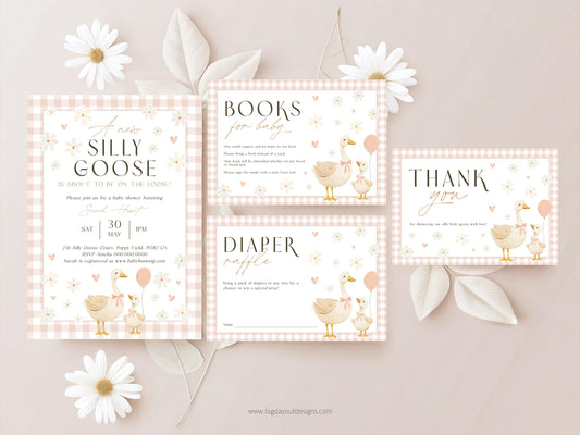 Peach gingham silly goose baby shower invitation for girls