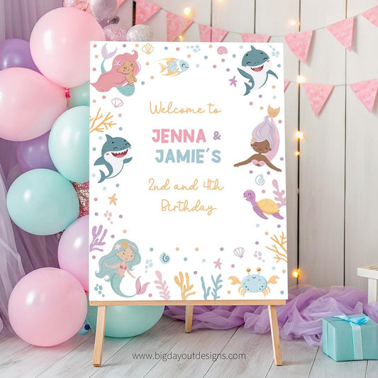 Mermaid and shark joint birthday welcome sign printable