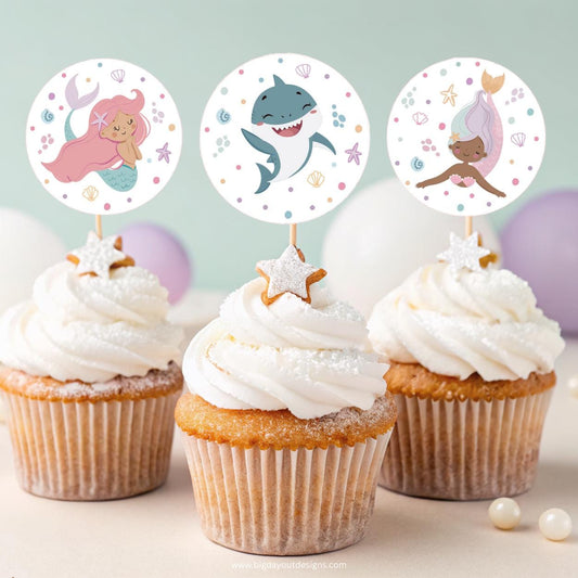Mermaid and shark cupcake toppers for joint birthday