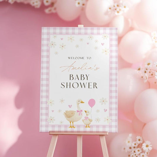 Editable pink gingham mother goose baby shower welcome sign